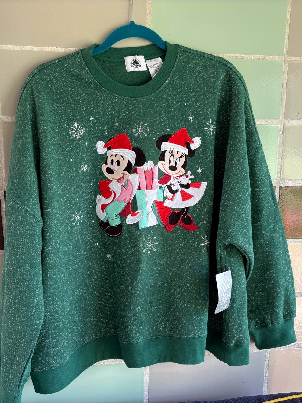 Disney NWT Green Glitter Mickey & Minnie Holiday Pullover Sweatshirt